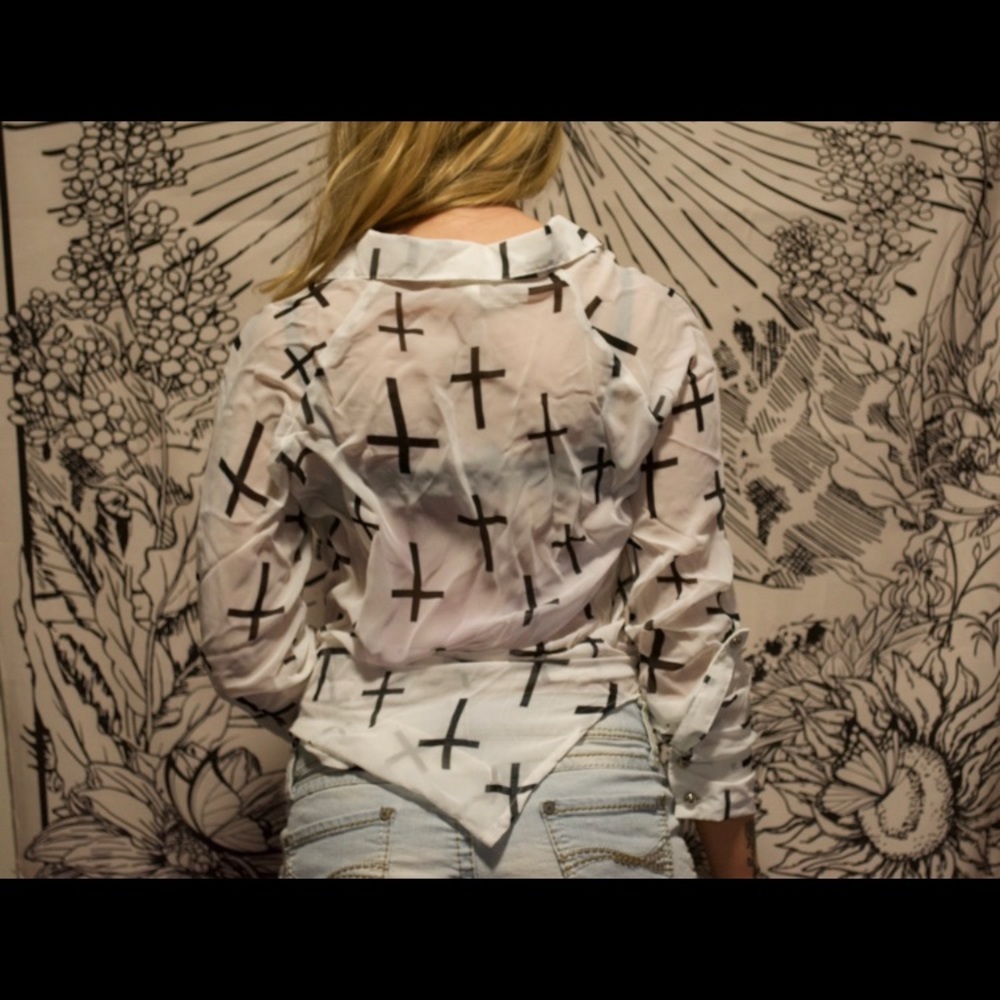 Sheer Cross Print Button Down - Picture 2 of 9